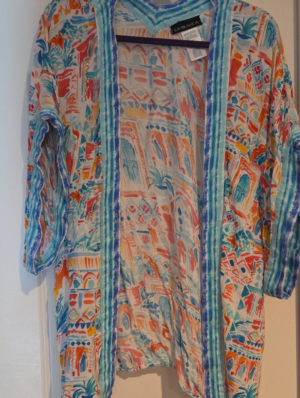 La Blanca Multicolor Open-Front Long Sleeve Beach Cover-Up — Coral, Teal, Blue